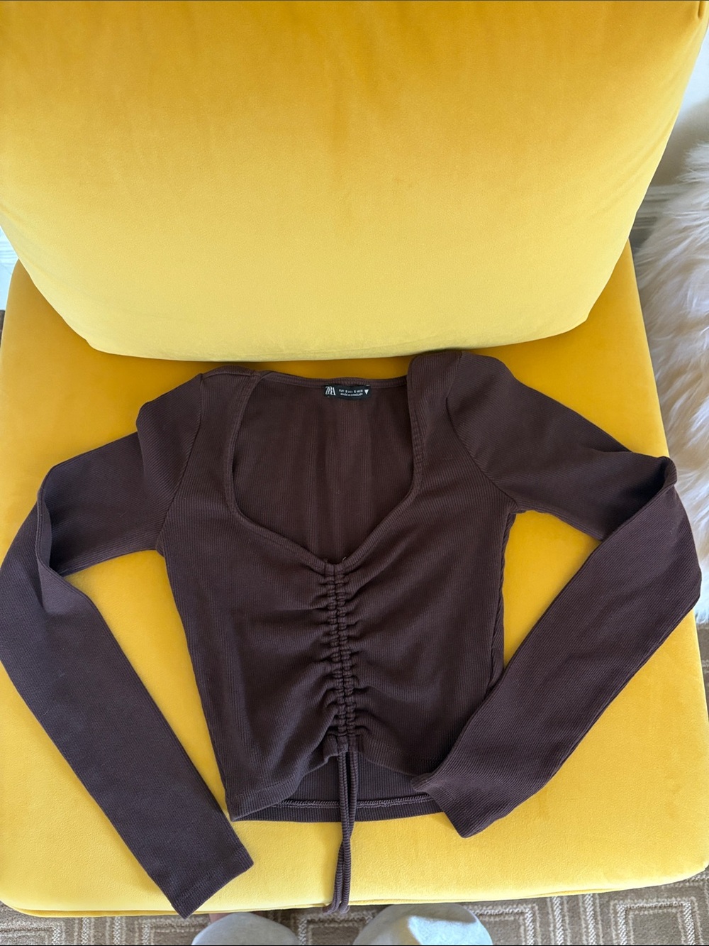 Zara Chocolate Brown Long-Sleeve Ruched Front Top